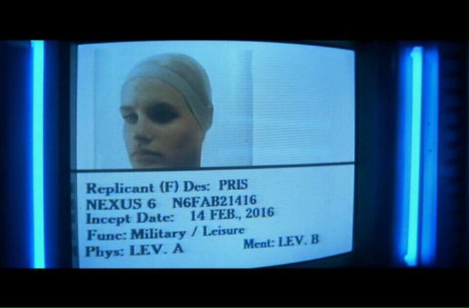 Feb 14, 2016 was the incept date of Pris, Bladerunner's 'basic pleasure model' replicant #nerdlove https://t