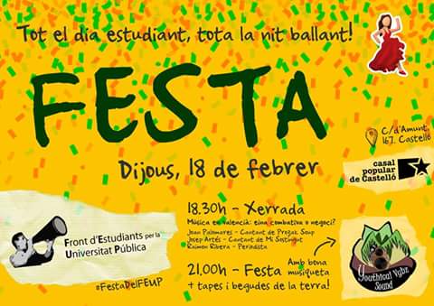 GatzaraUji's tweet photo. Des del FEUP organitzem una festa estudiantil pel proper 18 de febrer. Xarrada i festa amb la millor música! https://t.co/mZTYfbTMzX