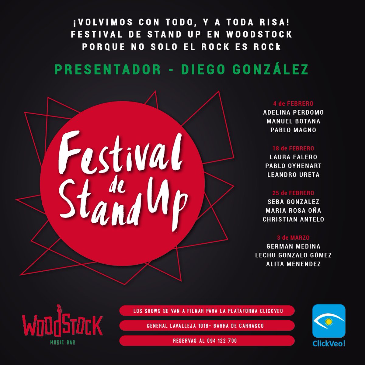 WoodStandUp's tweet photo. Jueves 18 de febrero vuelve el StandUp a @WoodstockMBar 
Registrando para @ClickVeo  
Mirá los elencazos! Vení! https://t.co/1JdZ3ZFWSa