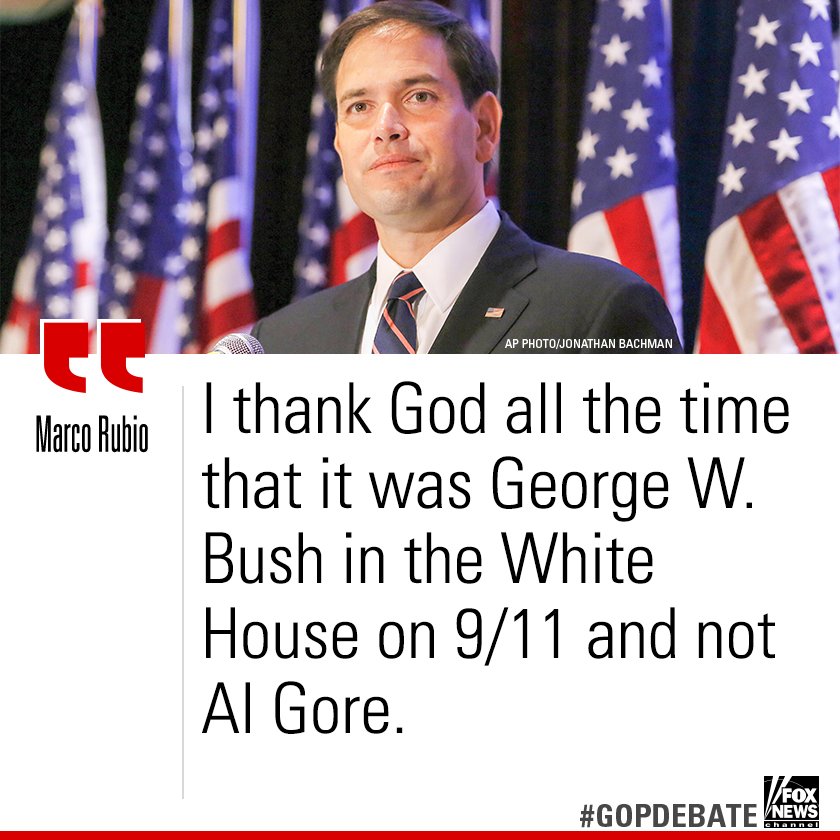 FoxNews's tweet photo. At last night's #GOPDebate, @marcorubio talked about 9/11 and President George W. Bush. https://t.co/al75Sev1Gs