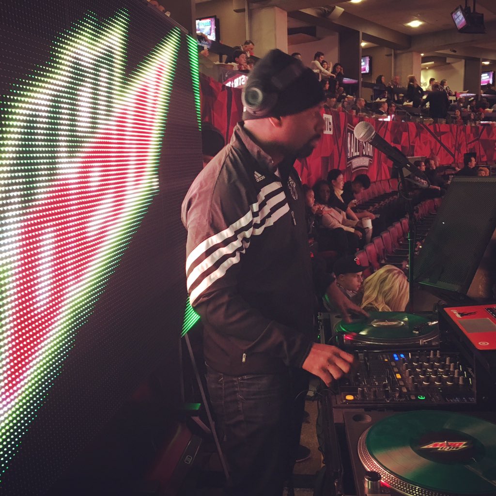 NBA's tweet image. Check out DJ Irie spinning the winning track voted by YOU during the All-Star Game warm up! #DewxNBA