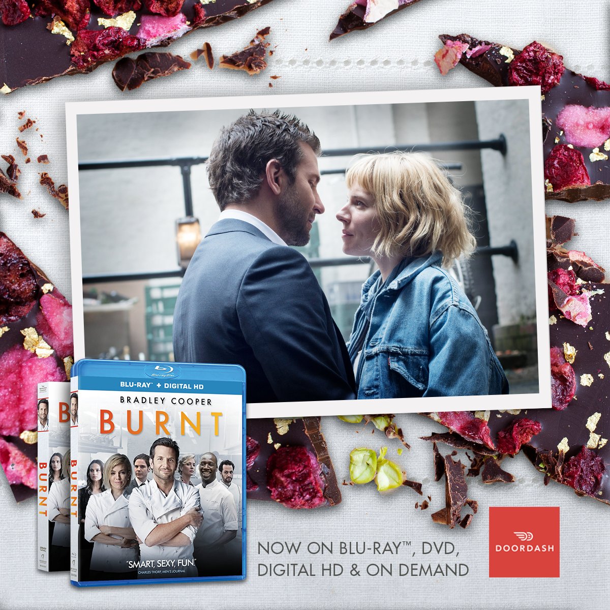 Cuddle up with #BurntMovie &amp; <a href="/DoorDash/">DoorDash</a>. First time customers, use BURNTDD to receive $5 off $25+ order. US only.