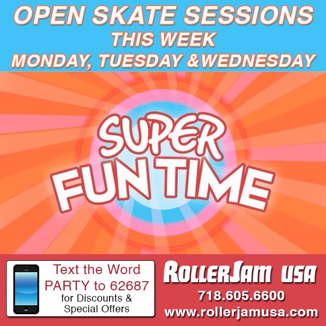 rollerjamusa's tweet photo. Open Skate this Week: Mon &amp; Tues (1pm-7pm) &amp; Wed (1pm-9pm) #funtimes #thingstodo #rollerskate #kidsplace #schoolsout https://t.co/ruHhMOsG7x