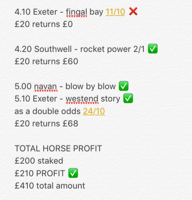 SouthernTips's tweet image. TODAYS HORSE TIPS AND PROFIT OF £210 FROM £20 STAKES ✅✅✅✅✅✅✅