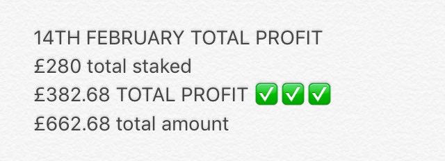 SouthernTips's tweet image. TODAYS TOTAL PROFIT IF YOU'D HAVE FOLLOWED ALL OF TODAYS BETS £382.68 PROFIT ✅✅✅✅✅