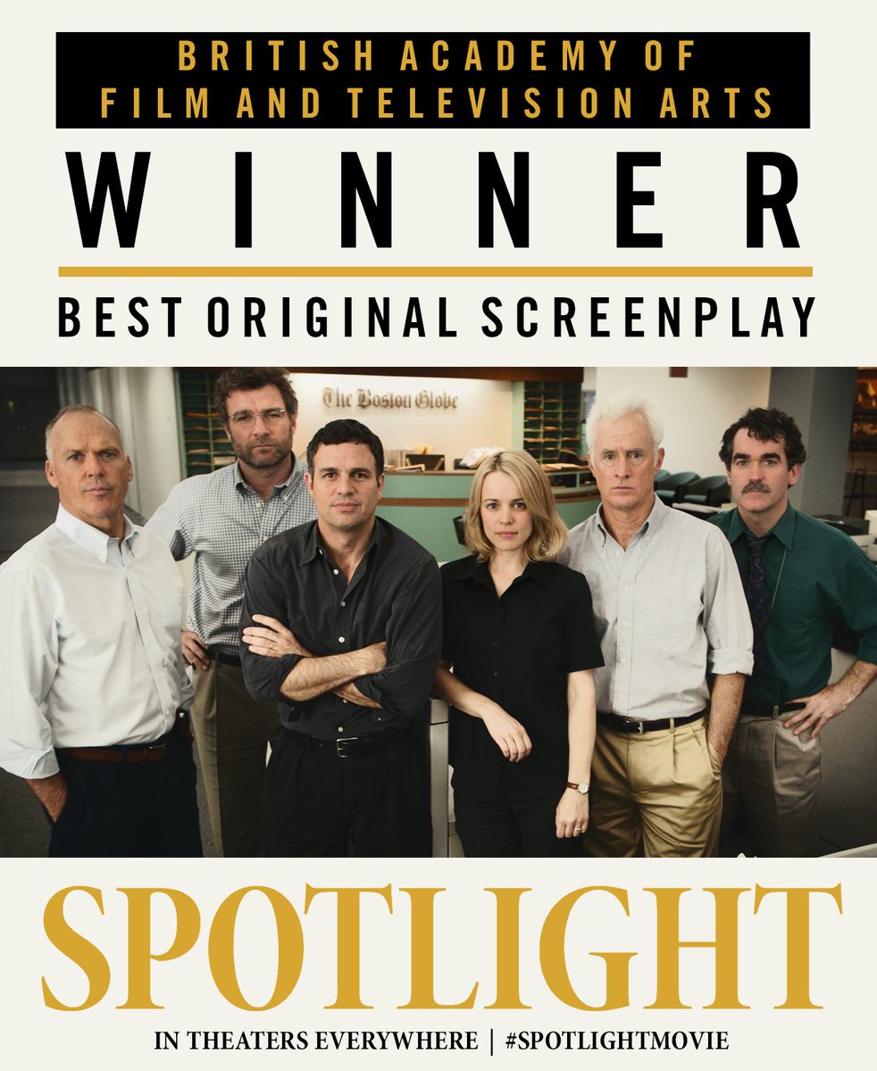 SpotlightMovie's tweet photo. Congrats to Tom McCarthy &amp; Josh Singer for their Best Original Screenplay win at the @BAFTA Awards! #SpotlightMovie https://t.co/TNkRclrzmV