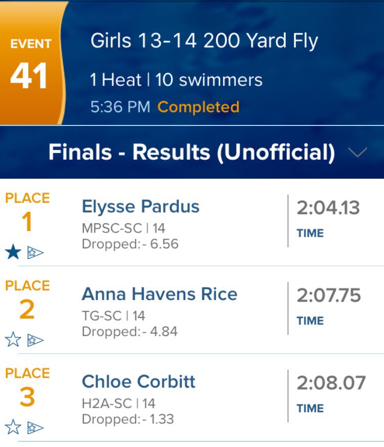 MPSCswimming's tweet photo. Elysse Pardus wins 1st place in 200 Fly for 13-14 girls! #MPSCStrong https://t.co/5Q3RvSIycn