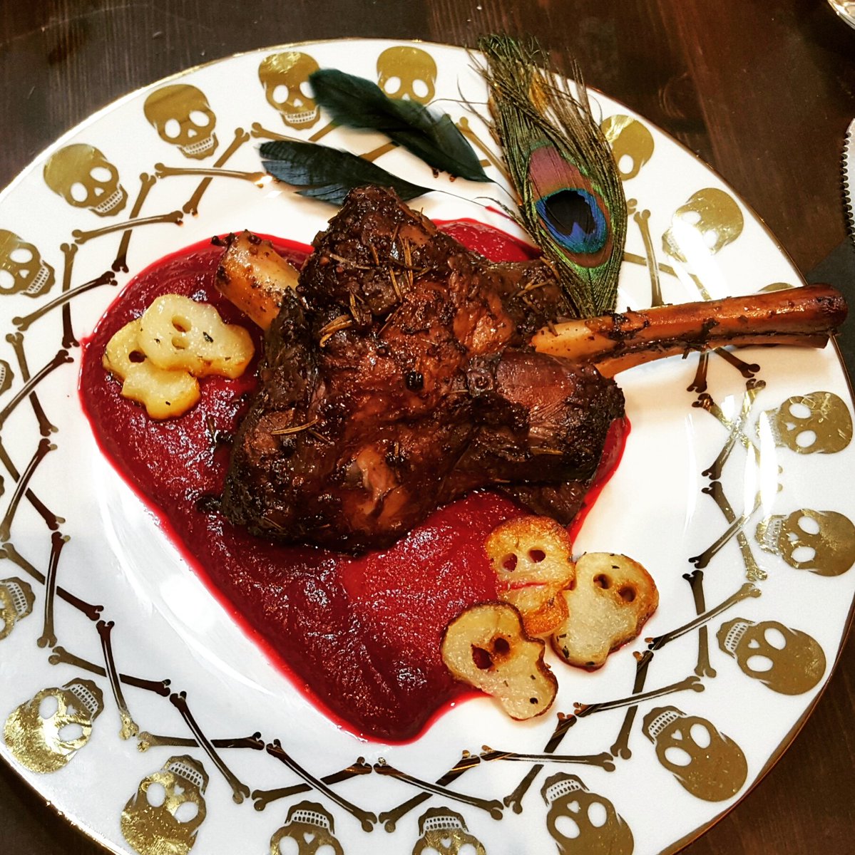 Lamb shank slow-cooked in red wine and rosemary with pureed beets and roast skull potatoes. #nonemoregoth #fannibal