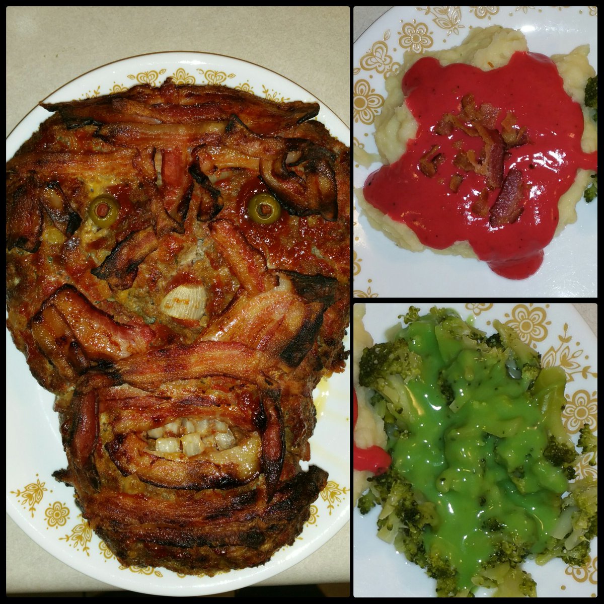 JessSerc's tweet photo. Hey @hardwick we r celebrating w/ burnt walker meatloaf,bloody mashed potatoes &amp; broccoli smothered in walker guts! https://t.co/2Dm3hmcfgp