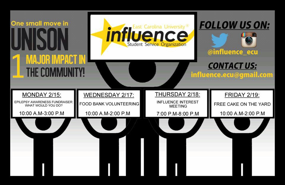 Influence_ECU's tweet photo. It's #InfluenceWeek !! Come help us celebrate our birthday at one of these events! https://t.co/oOpUr73nzJ