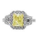 18 Karat Two Tone Fancy Yellow Cushion &amp; Round Diamond Halo Ring with Trapezoid Accent (2 CTW)