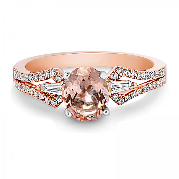 14K Rose #Gold Moganite Oval Tapered Baguette &amp; Round #Diamond #Ring ( 1 1/7 CTW )