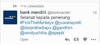 bankmandiri's tweet photo. @Bhaktiwiguna Utk pemenang #findthemonkeys dpt dilihat pd lampiran berikut. Tks~Rama https://t.co/rkdXDvtPza