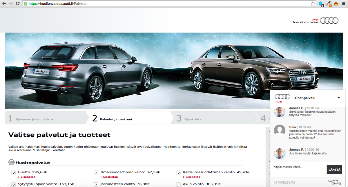 leskisenlaura's tweet photo. Voiko auton huollon varaaminen olla helpompaa? Aivan mahtavaa! @Audi #vvauto #chat #happycustomer @giosgCom https://t.co/2zMRsOxibu