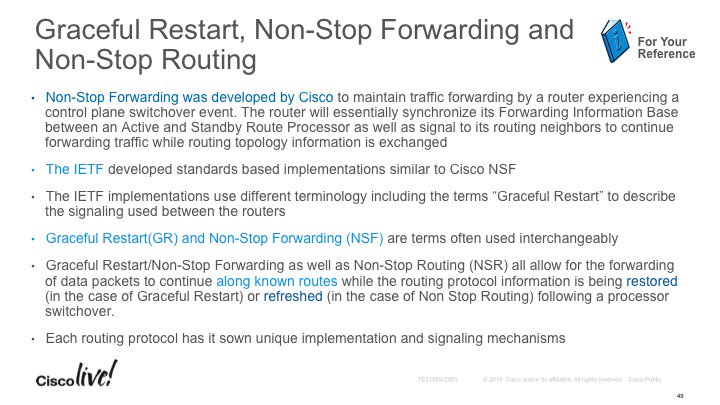 SamerTheodossy's tweet photo. #GracefulRestart vs #NonStopForwarding #IETF #Cisco #CLEUR #TECCRS2001 https://t.co/owfiWLK83J
