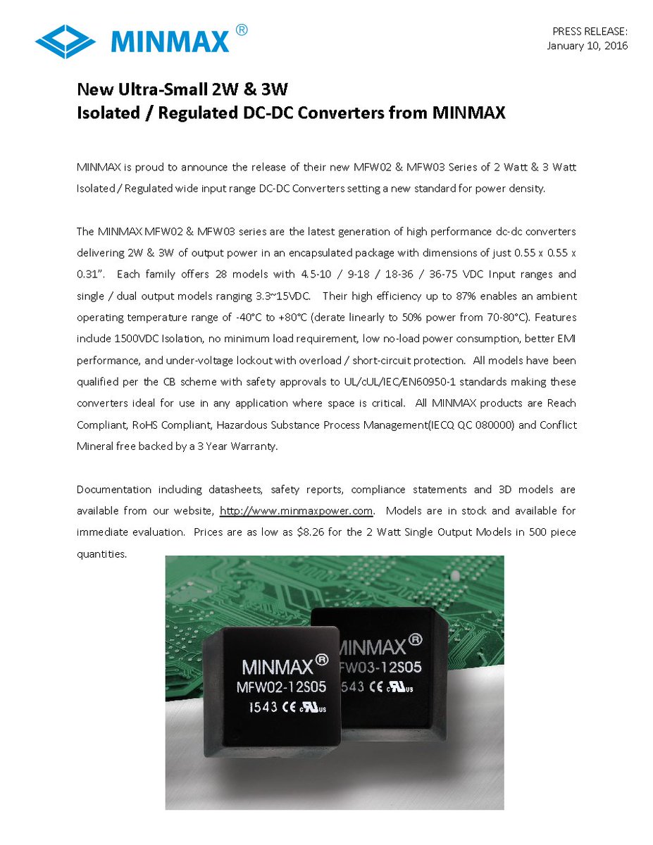 minmax_power's tweet image. PRESS RELEASE: New Ultra-Small 2 Watt and 3 Watt Isolated/Regulated DC-DC Converters.