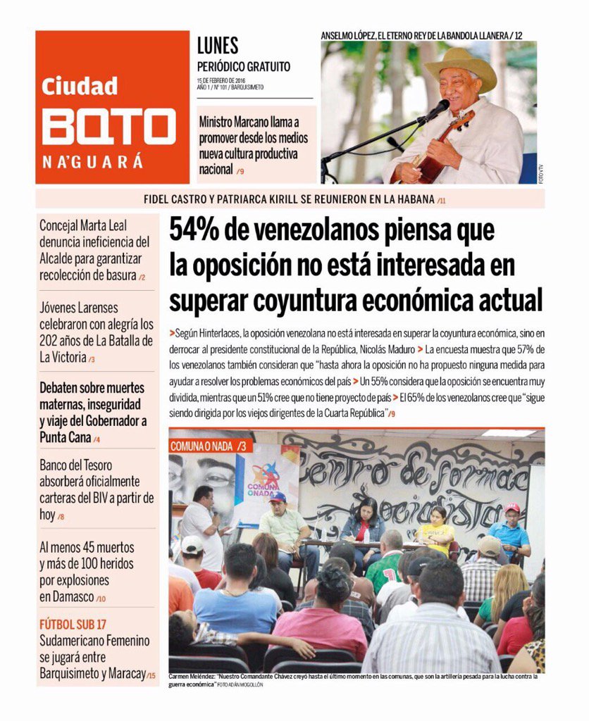 gestionperfecta's tweet photo. Buenos días! Esta es la portada de la edición Nro 101 del periódico @Ciudad_BQTO https://t.co/nYJI5HfzfQ