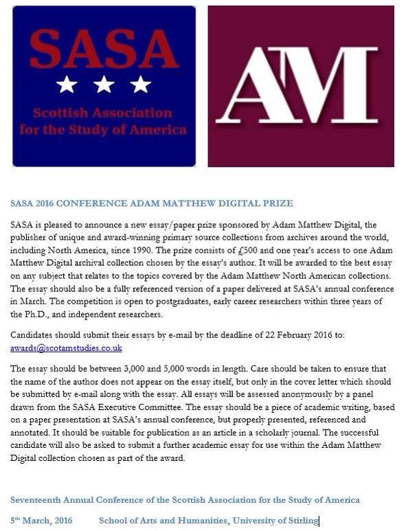 ScotAmStudies's tweet photo. Submissions of 3,000-5,000 words should be made by next Monday, 22nd February for our essay prize @AdamMatthewGrp https://t.co/aFDOaVNGpm