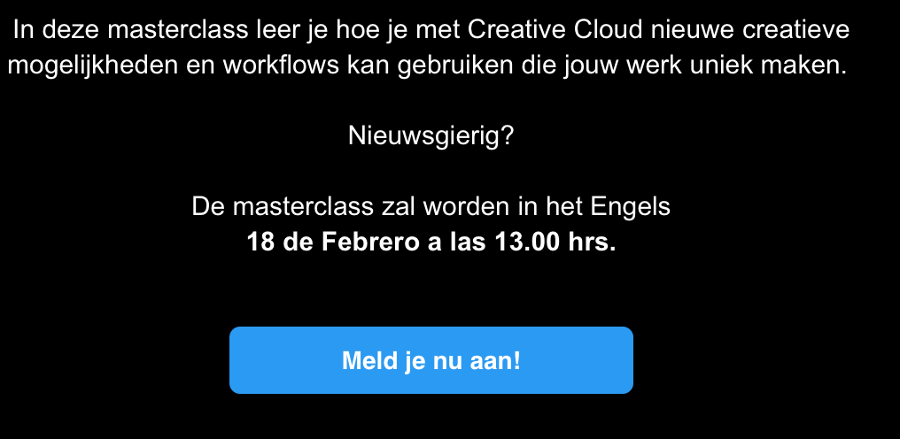 Nuria_GC's tweet photo. @AdobeBelgium Oops! ES + NL tekst door elkaar bij de Masterclass invite (Creative Cloud). Goed dat ik Spaans kan ;-) https://t.co/Eb5guykmUd