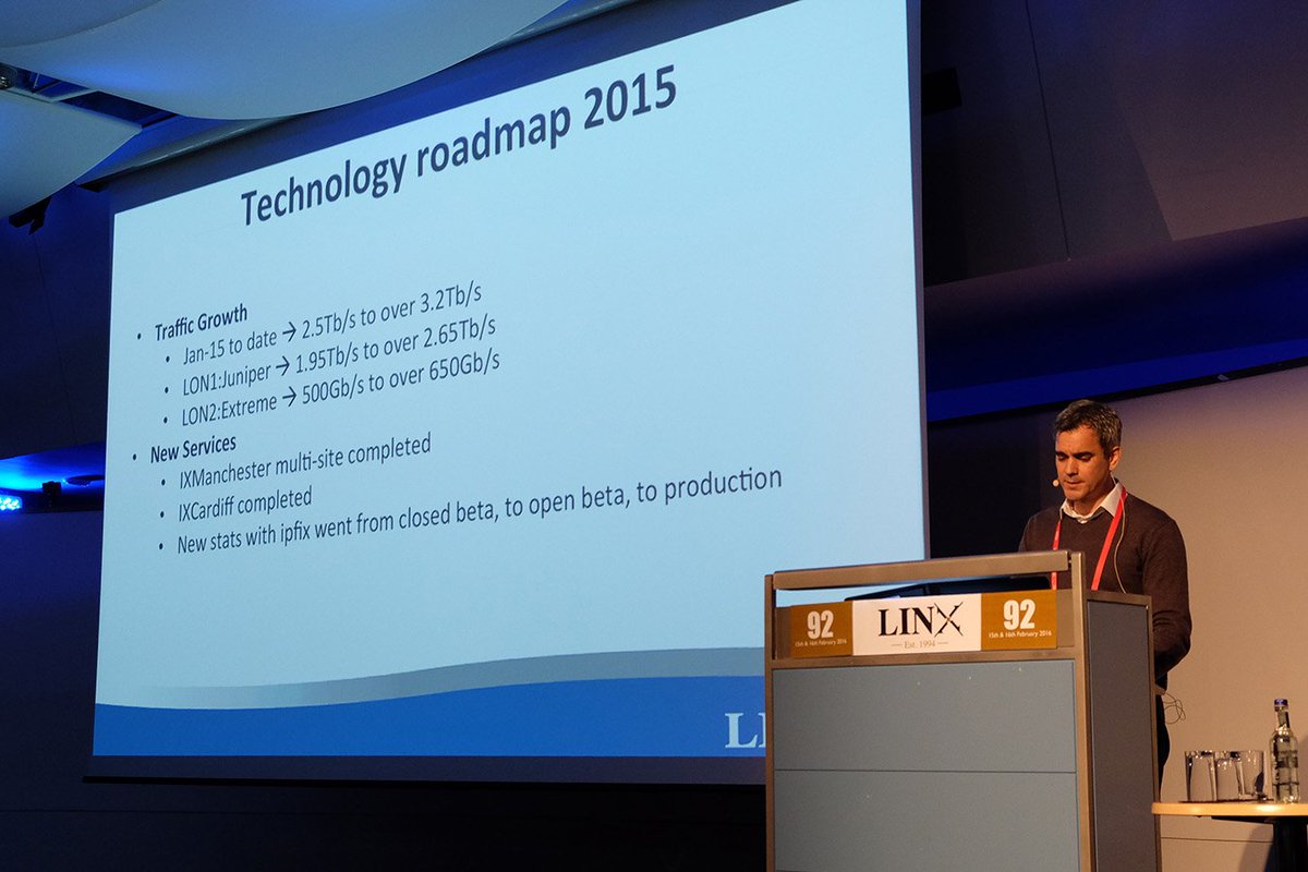 LINX_Network's tweet photo. #LINX92: Richard Petrie's CTO talk covers traffic growth (2.5Tb/s to 3.2Tb/s in 2015) plus #IXManchester #IXCardiff https://t.co/UXzxpuVU3b