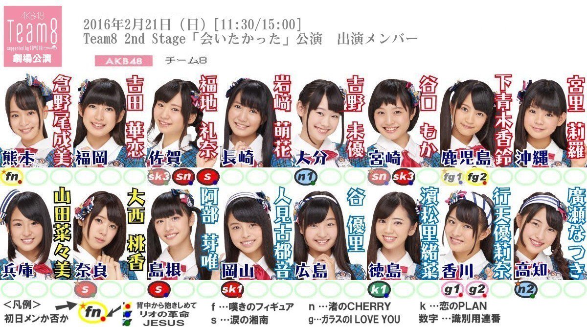 48関連リスト على تويتر 2 21日 チーム８ 会いたかった 公演 倉野尾成美 吉田華恋 福地礼奈 岩﨑萌花 吉野 未優 谷口もか 下青木香鈴 宮里莉羅 山田菜々美 大西桃香 阿部芽唯 人見古都音 谷優里 濱松里緒菜 行天優莉奈 廣瀬なつき T Co Cuspoudhbx