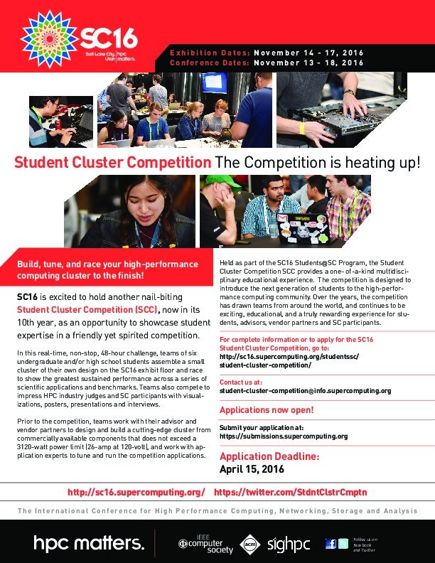 SCCompSC's tweet photo. Submission for the Student Cluster Competition at @Supercomputing #SC16 is now open
https://t.co/czPOWElt51
#HPC https://t.co/fTOX2yRfZi