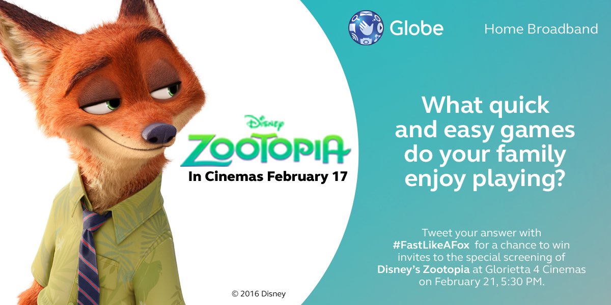 enjoyGLOBE's tweet photo. Get the fun rolling #FastLikeAFox with Globe Home Broadband! Answer this to get movie invites to #ZootopiaPH. 😊 https://t.co/HHDlTfi3G1