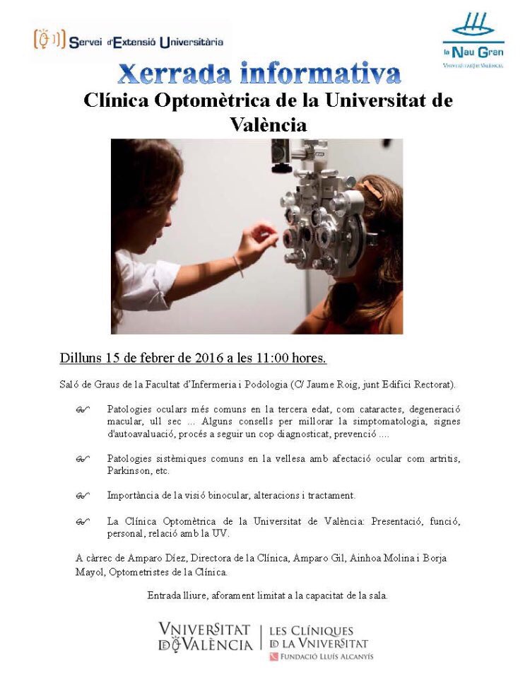 COptometricaUV's tweet photo. Finalitza la Xerrada Informativa sobre visió i tercera edat a la @EnfermeriaUVEG moltes gràcies als assistents! https://t.co/g5bNYI4lxu