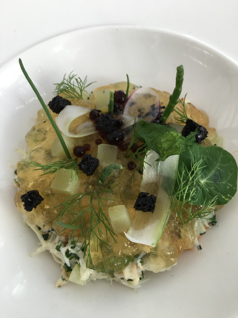 Cornish crab, crab mousse, smoked consommé, Apple, fennel #newmenu