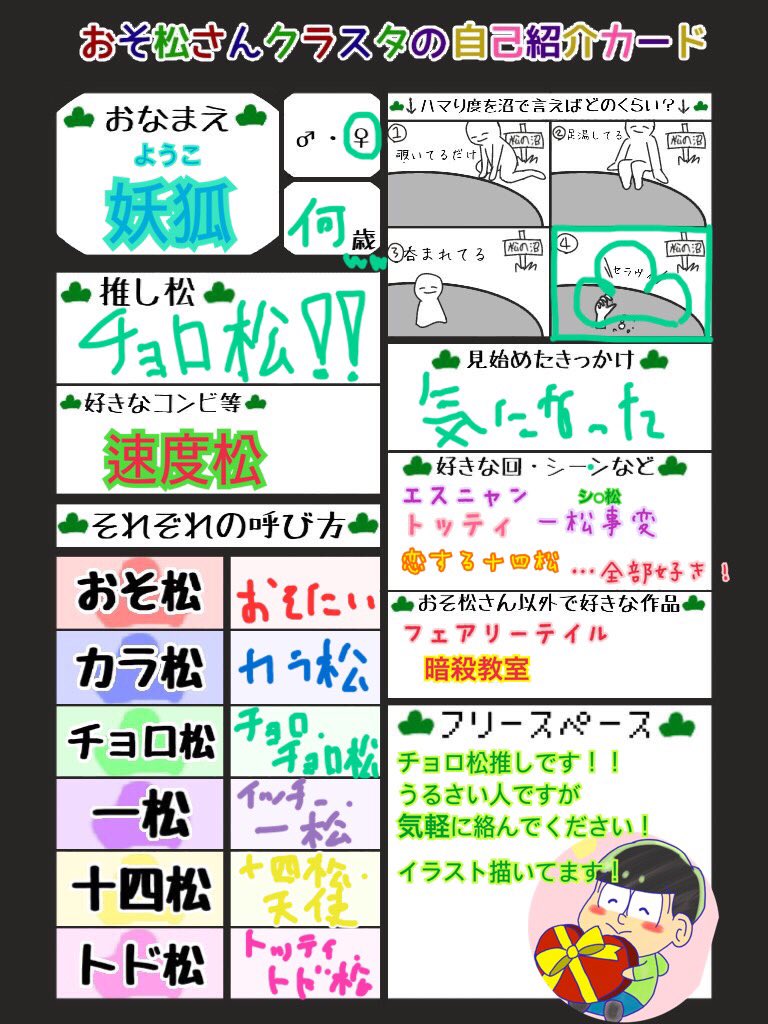 妖狐 على تويتر おそ松さんクラスタの自己紹介カード おそ松さんクラスタと繋がりたい チョロ松推しさんと繋がりたい チョロ 松クラスタさんと繋がりたい チョロワーさん繋がろうの輪 やってみました T Co 4ygx7no0ic
