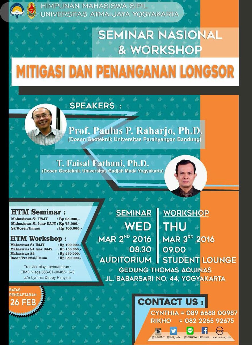 <a href="/FkmtsiJogja/">FKMTSI Yogyakarta</a> Reg 1-26/2/16 SEMINAR &amp; WORKSHOP mitigasi dan penanganan longsor di kampus 2 UAJY | more : pict