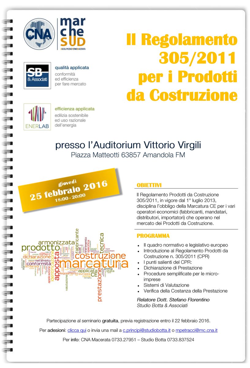 EnerLAB's tweet photo. 25.02.16 #Amandola Seminario #Regolamento305_2011 per i #prodottidacostruzione
Adesioni: https://t.co/kyVRcRVV3g https://t.co/r6lITucEKp