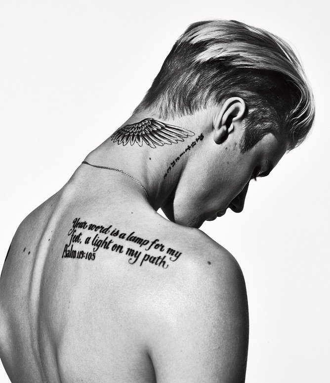 Justin Bieber tells the story behind his many tattoos. 