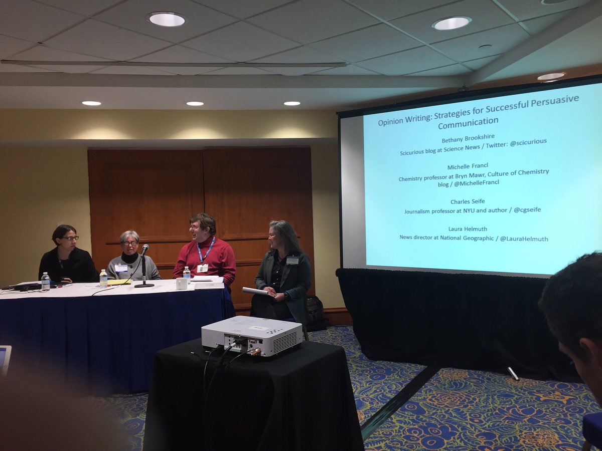 One last #AAASmtg session: science opinion writing w the awesome <a href="/laurahelmuth/">Laura Helmuth</a> <a href="/scicurious/">Scicurious</a> <a href="/MichelleFrancl/">Michelle Francl</a> <a href="/cgseife/">Charles Seife</a>