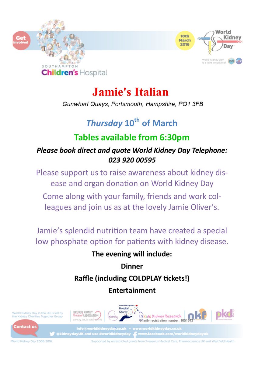 wkd_ssg's tweet photo. join us 10th March #worldkidneyday #JamiesItalianUK #GunwharfQuays from 6.30pm onwards.#kidneydisease https://t.co/DHxXGOuplZ