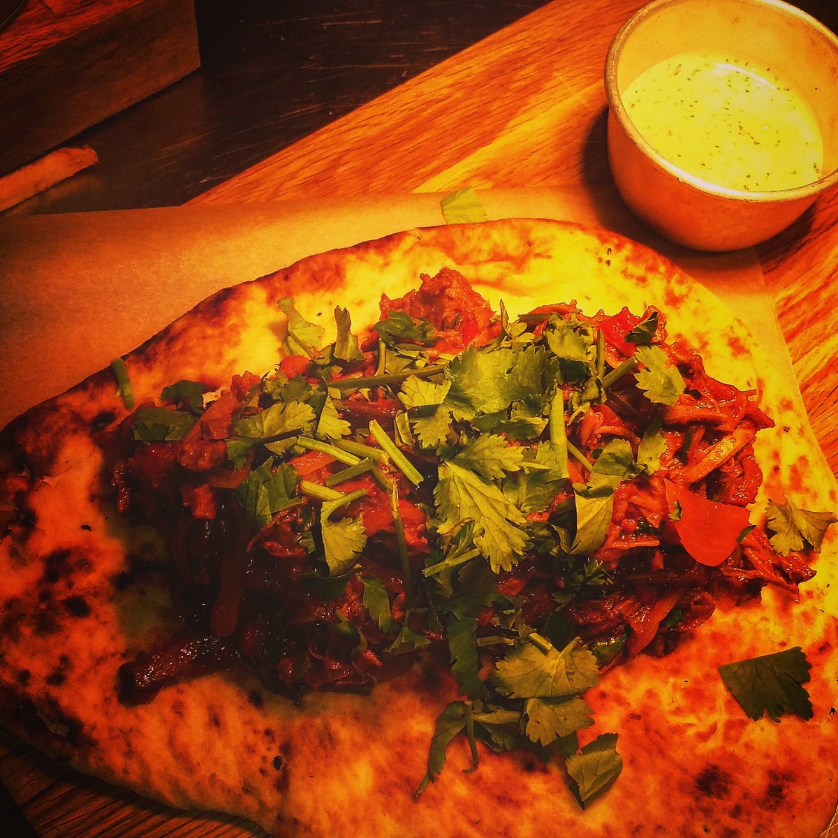 denman271's tweet photo. From the pass chilli on crinkle cuts, spicy meatballs, buffalo wing 'n' slaw, pulled curries lamb on naan #rustic https://t.co/FECkyxnT5V
