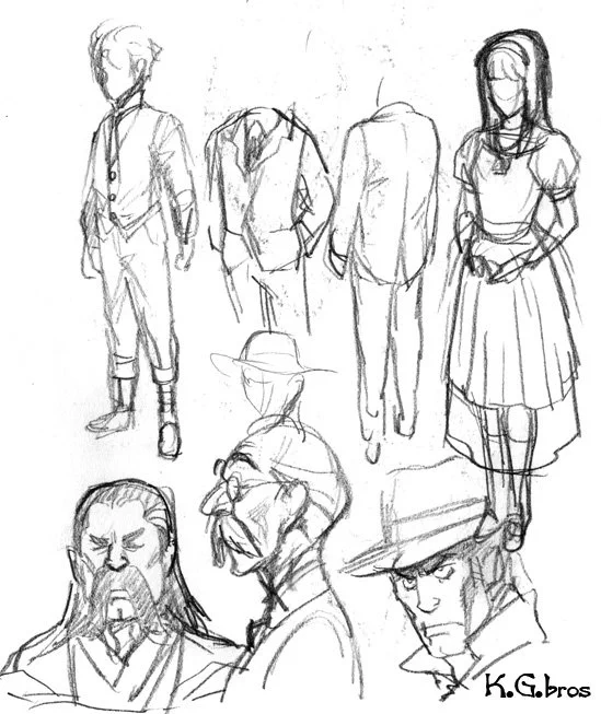 創作に役立つ落書き。
まあコレは言葉の通りです。
例えば、キャラデザを目的にした落書きとかですね。
以下の絵などはその例です。
財閥の父親・警部・令嬢・執事長・主人公
といったイメージで描いてます。
どれがどれだか分かりますかね? 