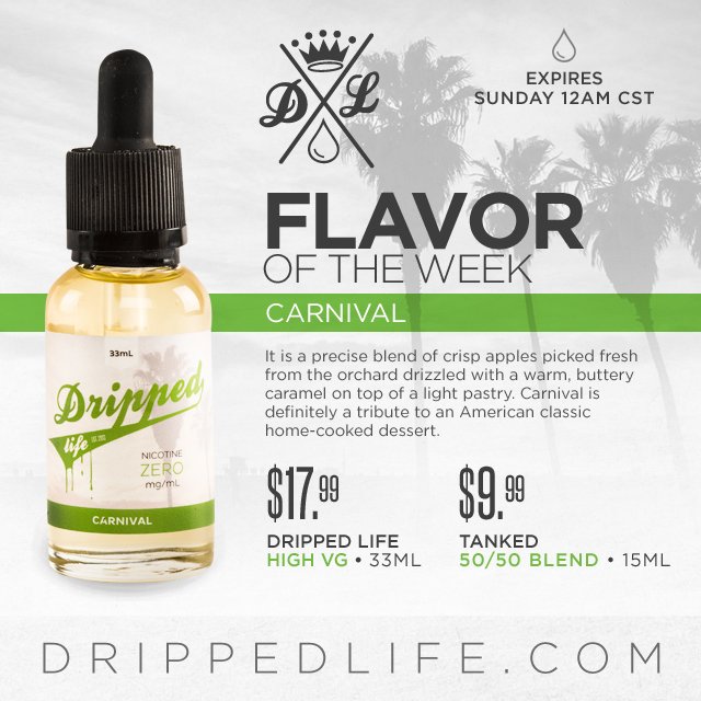 drippedlife's tweet photo. #DrippedLife #FlavorOfTheWeek is #Carnival! Our Mouthwatering Caramel Apple #AllDayVape #vapesale #vapedeal https://t.co/uonL2jSNk3