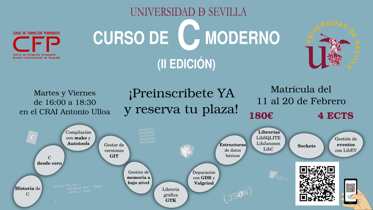 Fargue's tweet photo. ¡Finaliza el plazo de matrícula! Curso programación en C moderno https://t.co/E3w0iKDUX0 #etsii #us @sugus_etsii https://t.co/u18WhKEzQC