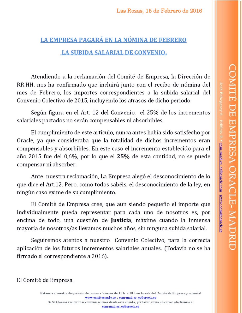 orobles's tweet image. “@ComiteOracle:LA EMPRESA PAGARÁ EN LA NÓMINA DE FEBRERO LA SUBIDA SALARIAL DE CONVENIO https://t.co/SiUiLbUuYj”otro punto más #comiteoracle