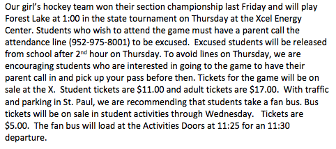 ConnMcCartan's tweet photo. Details on the Girls' State Hockey Tournament. #EagleNation https://t.co/aqr1qeSCjK