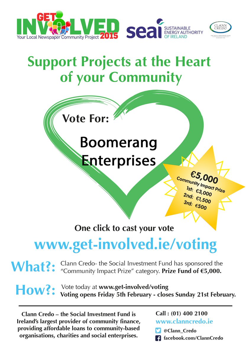 sourceITproject's tweet photo. Make sure you vote for @BoomerangCork in the @getinvolved_ie @SEAI_ie @Clann_Credo awards! https://t.co/0eQNI1WuaF https://t.co/oVzHXQ37GV