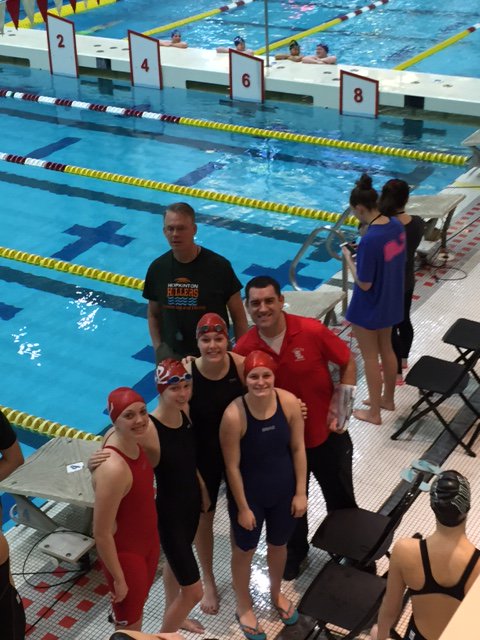 SL_Swim's tweet photo. Kendra Doty, Nicole Lyons, Sarah Brockway &amp; Morrissey before they swim the 200 free relay Swim best time @ 1:51.36!! https://t.co/Q1vkvPQnu9