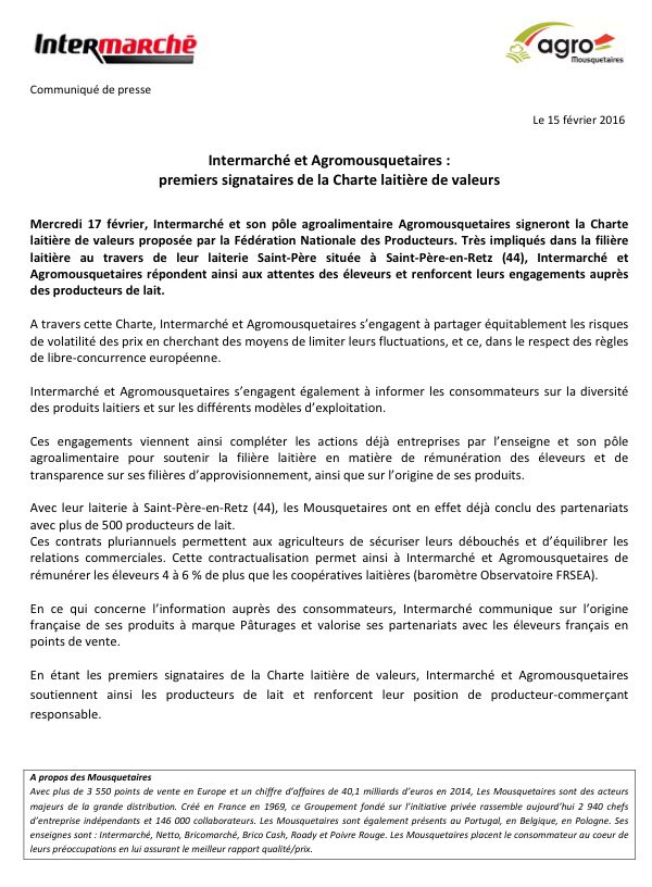 Agromousquetair's tweet photo. [communiqué] @Intermarche et @Agromousquetair, 1ers signataires de la Charte laitière de valeurs
#lait https://t.co/AHiwDwMLds