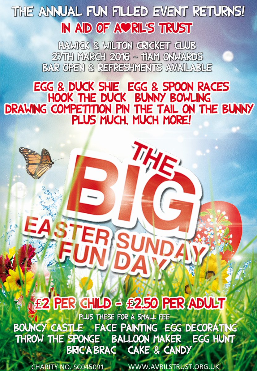 AvrilTrust's tweet photo. The Big Easter Sunday Fun Day - 27 March 2016 @ 11:00 in Aid of Avril's Trust for more details see attached Poster. https://t.co/4J9oBidOFI