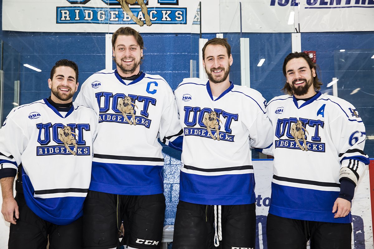 OT_Ridgebacks's tweet photo. These guys are all smiles w/ the @OUAsport men's hockey playoffs coming up - @UOIT vs. @queensgaels - Wednesday! https://t.co/VizMhtNdaa