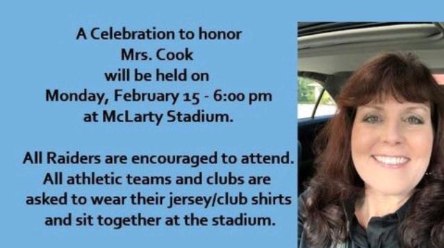 Rockledge2019's tweet photo. Don't forget to attend the memorial for Mrs. Cook today at 6 pm at McLarty Stadium💙❤️ https://t.co/TmuX9z7YmK