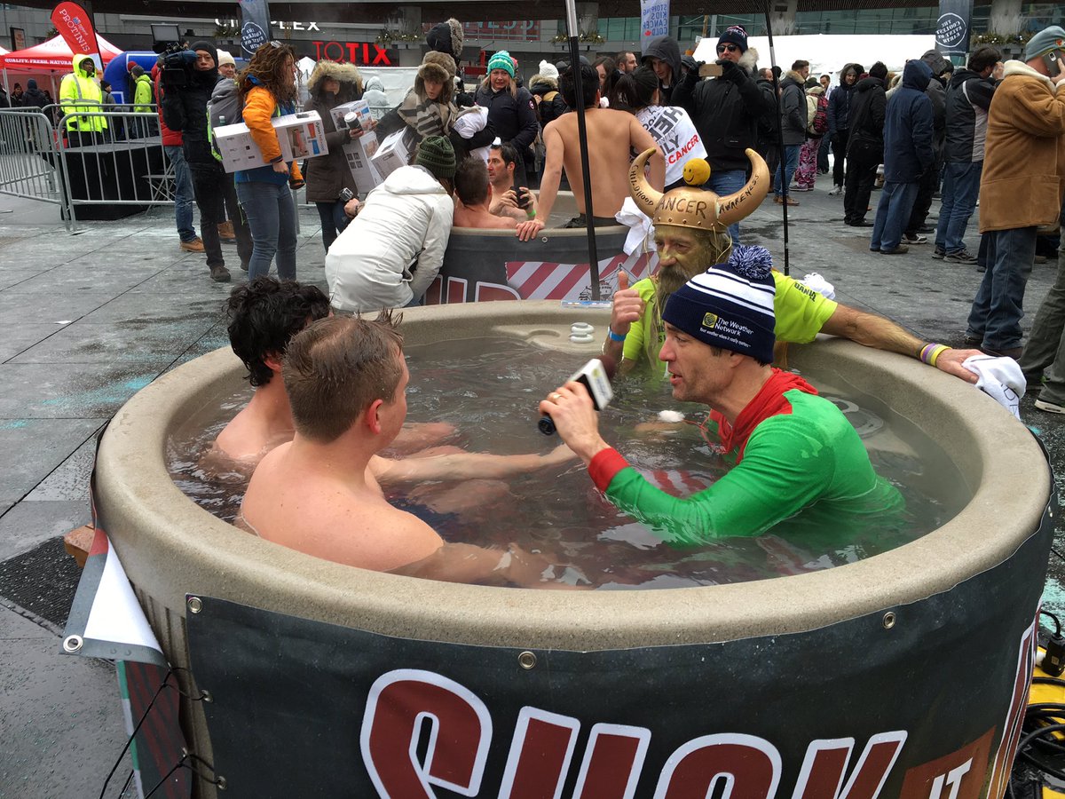 weathernetwork's tweet photo. He did it! And then after the jump @MeiDayTWN did some hot tub interviews...as one does. #StopKidsCancerCold https://t.co/CmflWcO0mS