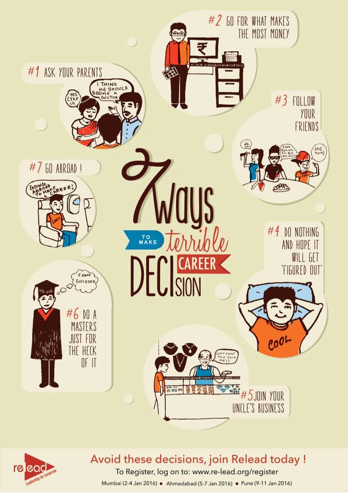 Save yourself from 7 ways of making terrible career decision! #Relead Register at :- re-lead.org
