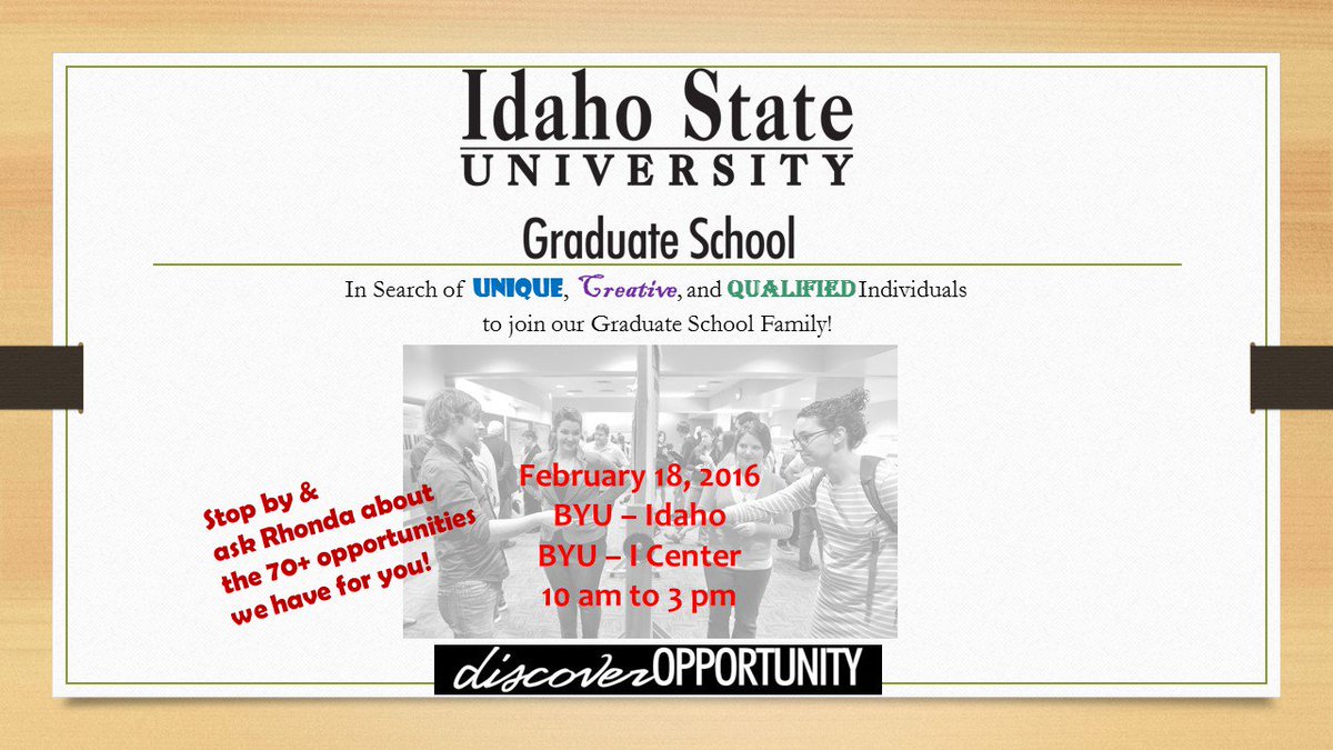 IdahoStateGrad's tweet photo. BYU-I Students, stop by Thurs for #GraduateSchool Opportunities! 
@byuiactivities @byui_ceo @ByuiCareerPrep https://t.co/rt3vsJh9A8